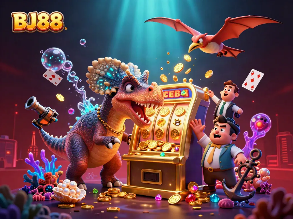 BJ88 casino showcases a jackpot scene with vibrant characters and gold coins flying in an exciting digital illustration.