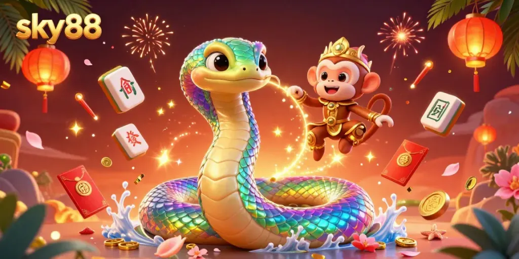 Spark excitement at sky88 with a vibrant illustration of a rainbow serpent, golden monkey king, and casino elements.
