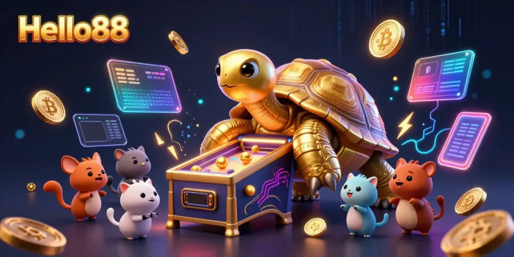 Hello88 offers exciting casino games with the golden tortoise and neon coins in a vibrant illustrated scene.