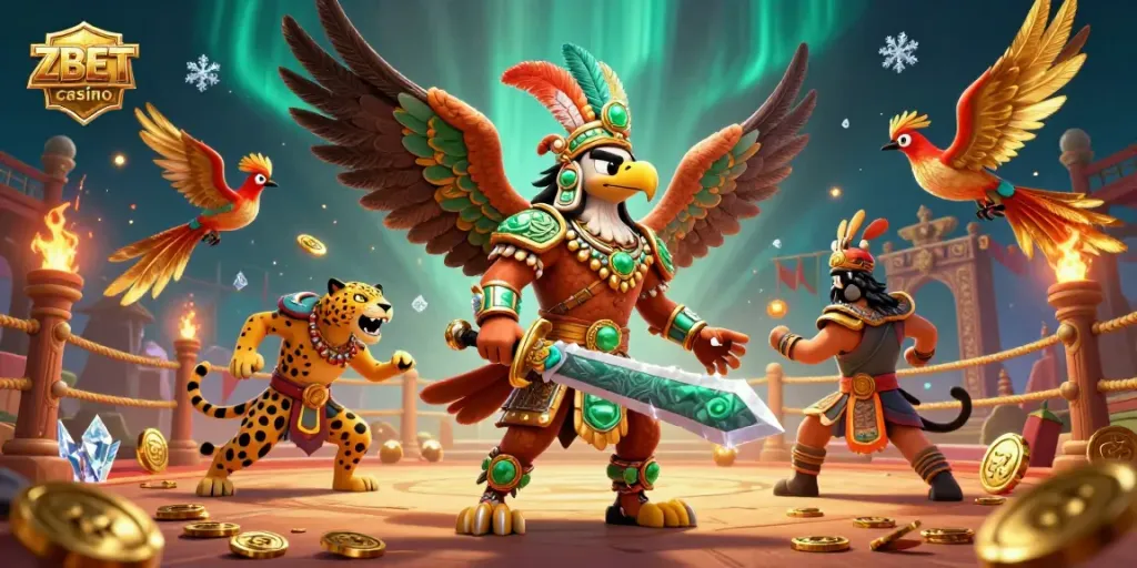 Experience the thrilling world of ZBET casino with Aztec warriors, golden coins, and vibrant casino elements.