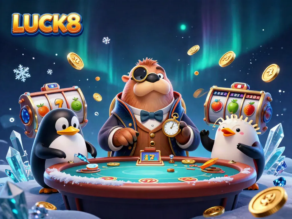 Experience LUCK8's immersive gambling scene featuring a jolly walrus and captivating game elements.
