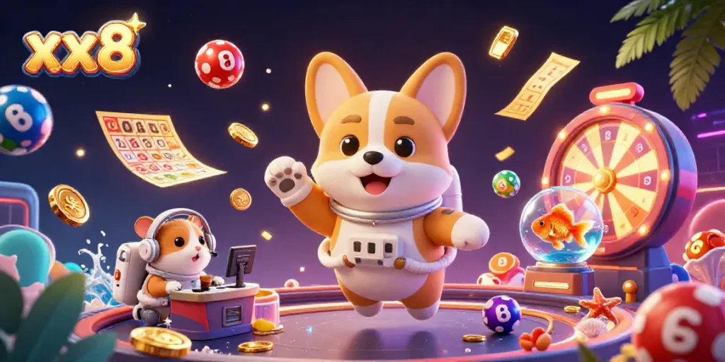 Play and win exciting games at xx8 casino with a 3D cartoon astronaut corgi and friends.