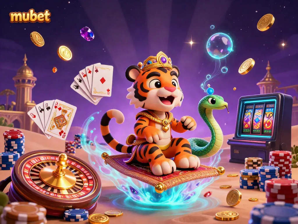 Experience the magic of mubet with a thrilling casino scene featuring a sultan on a vibrant carpet of poker chips.