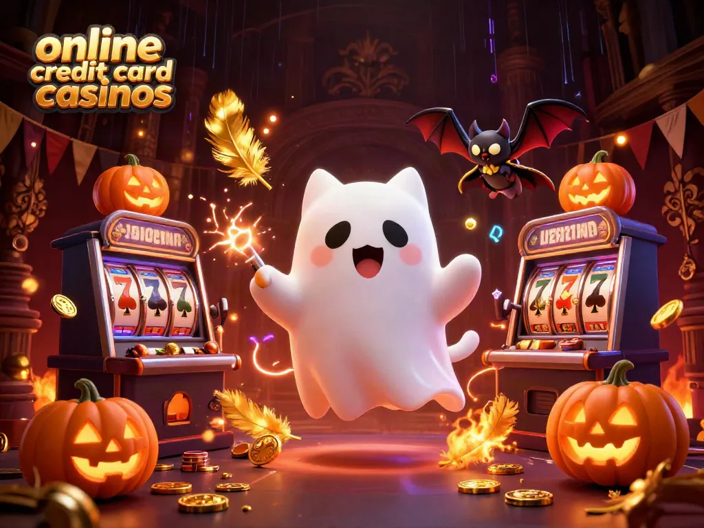 Engage with online credit card casinos in a vibrant, animated haunted scene featuring a ghost cat and bat.