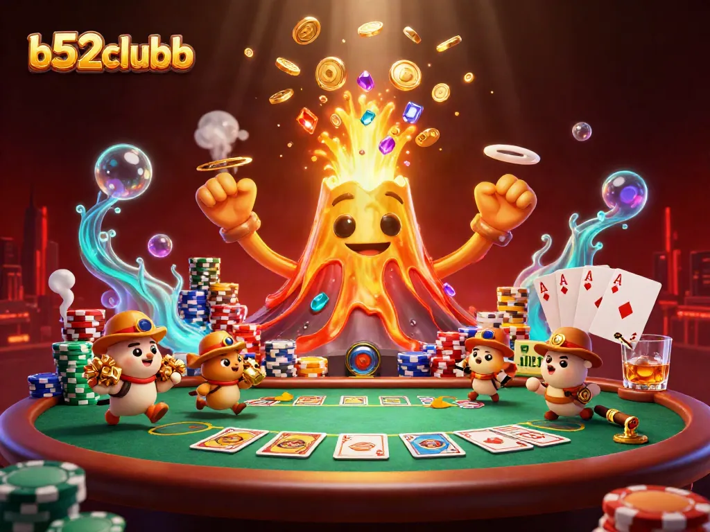 Engage with b52clubb's thrilling casino adventure featuring a golden volcano and treasure.
