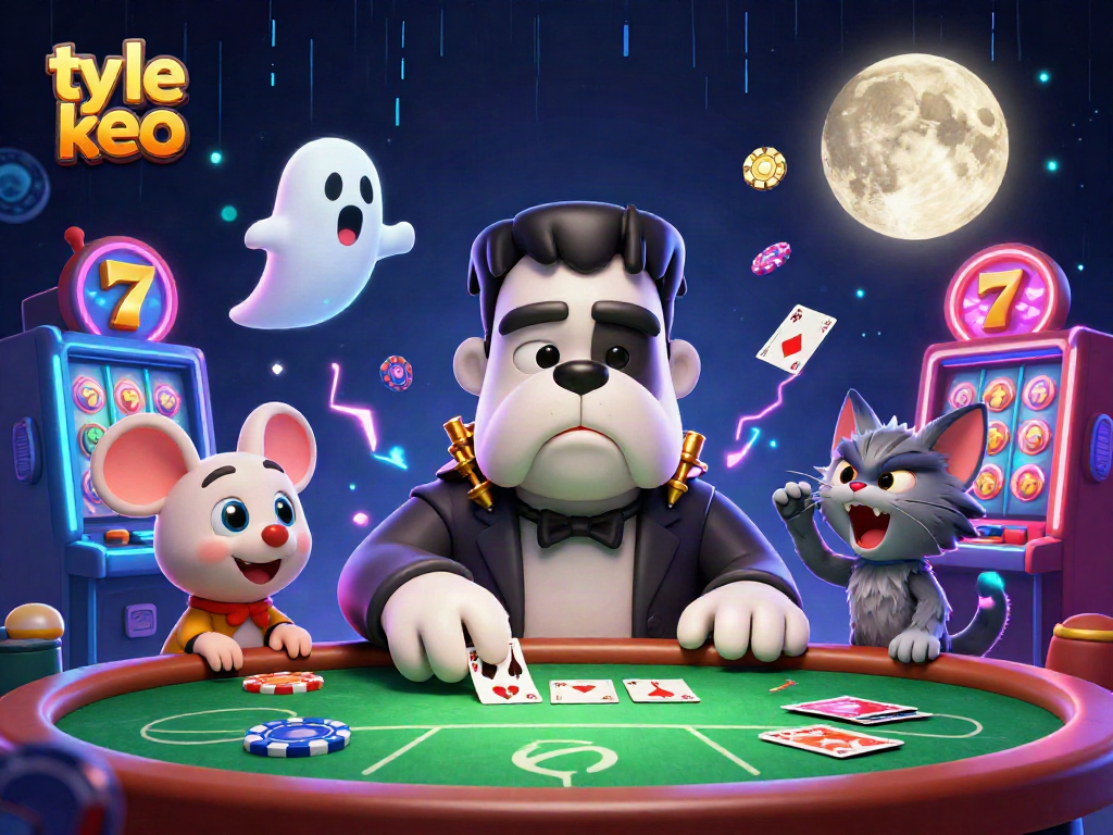 engage with ty le keo game strategies at a spooky cartoon casino table featuring Frankenstein and friends