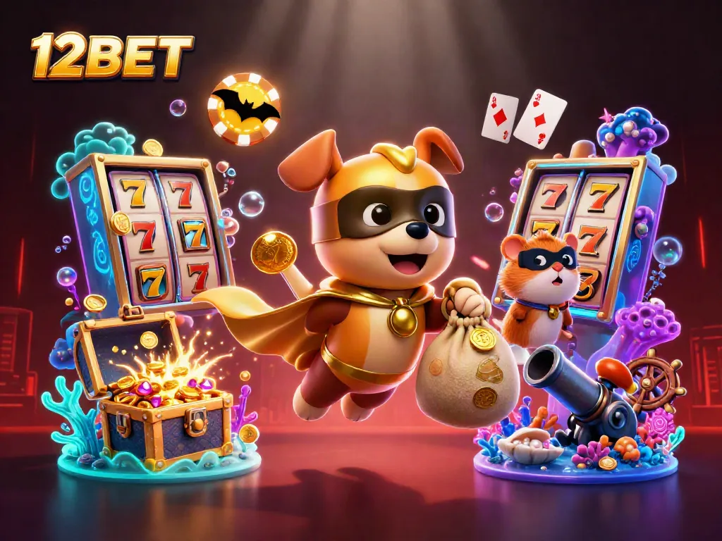 Experience 12BET's thrilling gaming adventures with superhero characters amidst vibrant casino elements and rich visuals.