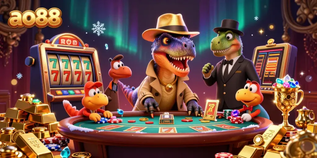 A velociraptor at a blackjack table and a stegosaurus pit boss create an engaging ao88 casino illustration.