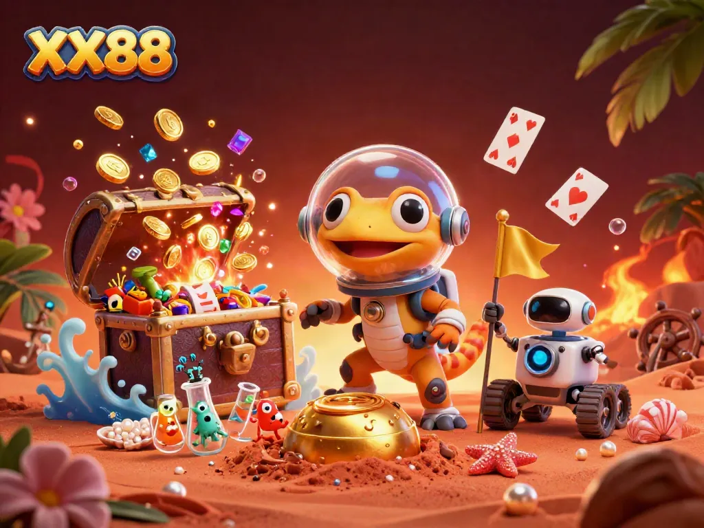 Engage with the XX88 online casino adventure featuring a Martian gecko and dazzling gaming treasures.