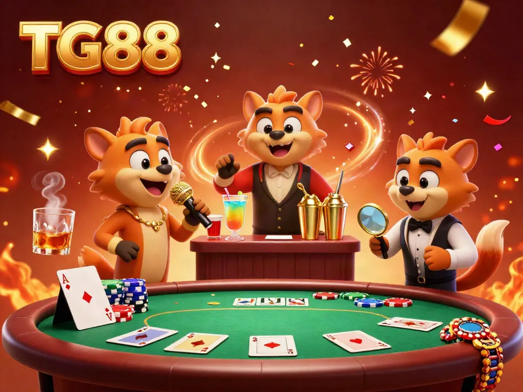 Experience the excitement of TG88 casino with lively hyena characters immersed in a colorful atmosphere full of poker elements.