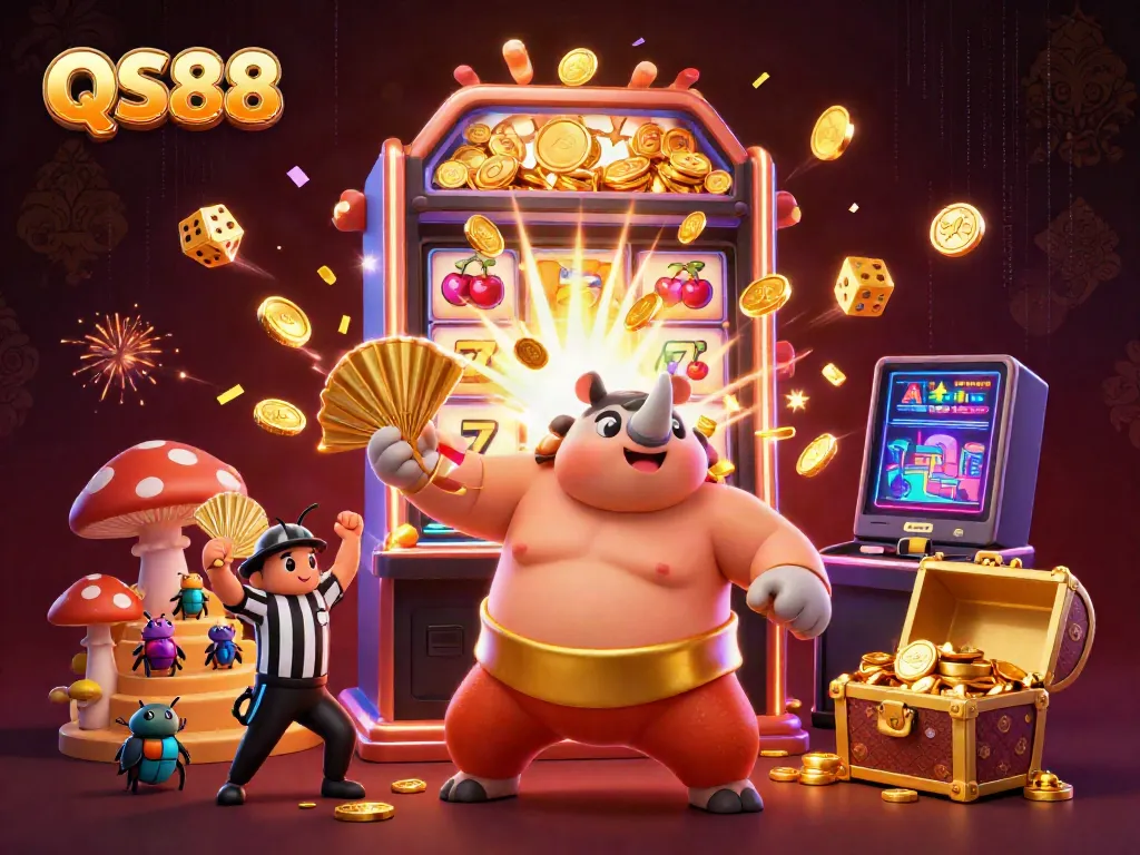 Experience the excitement of QS88 with a vibrant casino scene featuring a rhinoceros beetle champion and dynamic game elements.