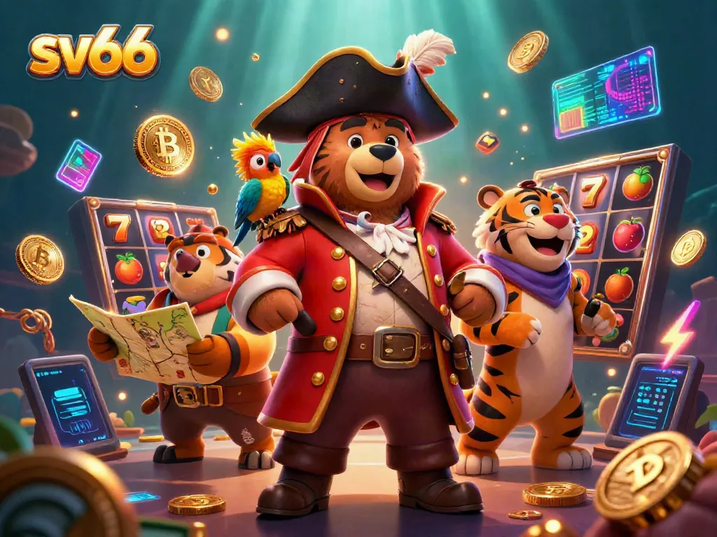 Engage with sv66 in an electrifying 3D casino scene showcasing slot reels, pirate characters, and cryptocurrency elements.
