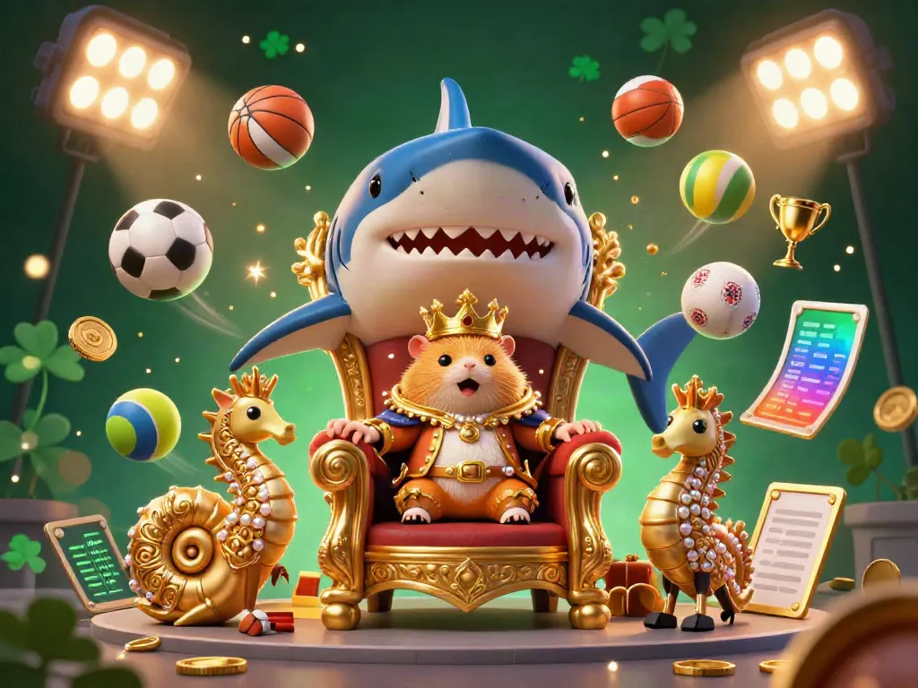 Experience the excitement of mubet with a golden hamster king amid vibrant sports elements and a deep emerald background.