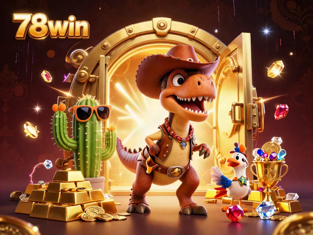 Experience thrilling gaming action with 78win's vibrant casino-themed illustration highlighting fun characters and sparkling treasures.