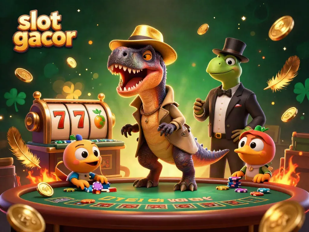 Witness a slot gacor scene with a clever velociraptor at play at a vibrant blackjack table.