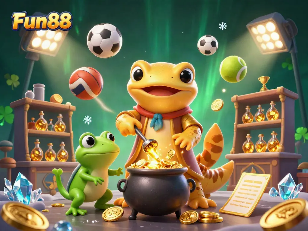 Experience the excitement of Fun88 with a magical 3D scene of golden alchemy and sports elements.