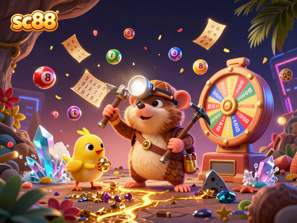 Experience the excitement of sc88 with this vibrant 3D illustration showcasing a treasure hunter mole and dynamic gambling elements.