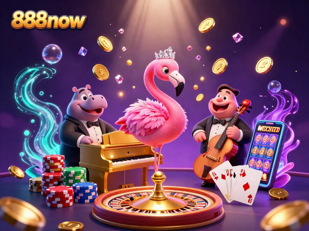 Engage with 888now's vibrant casino atmosphere featuring a flamingo singer, hippo bassist, and dynamic game elements.
