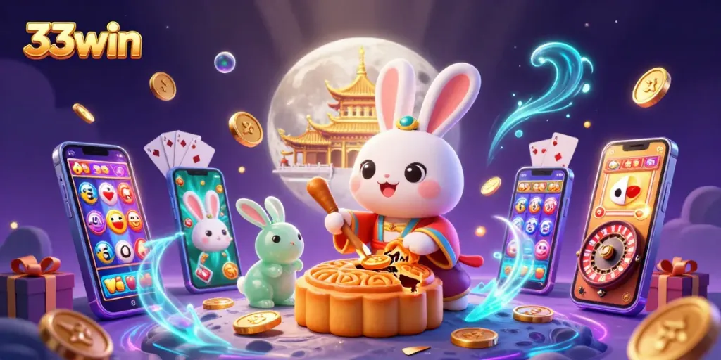 Spin slot games and win with 33win's moon rabbit casino scene illustration