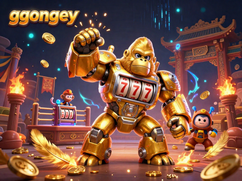 Experience the thrill of ggongey with a golden gorilla mech, bursting with coins and casino elements.