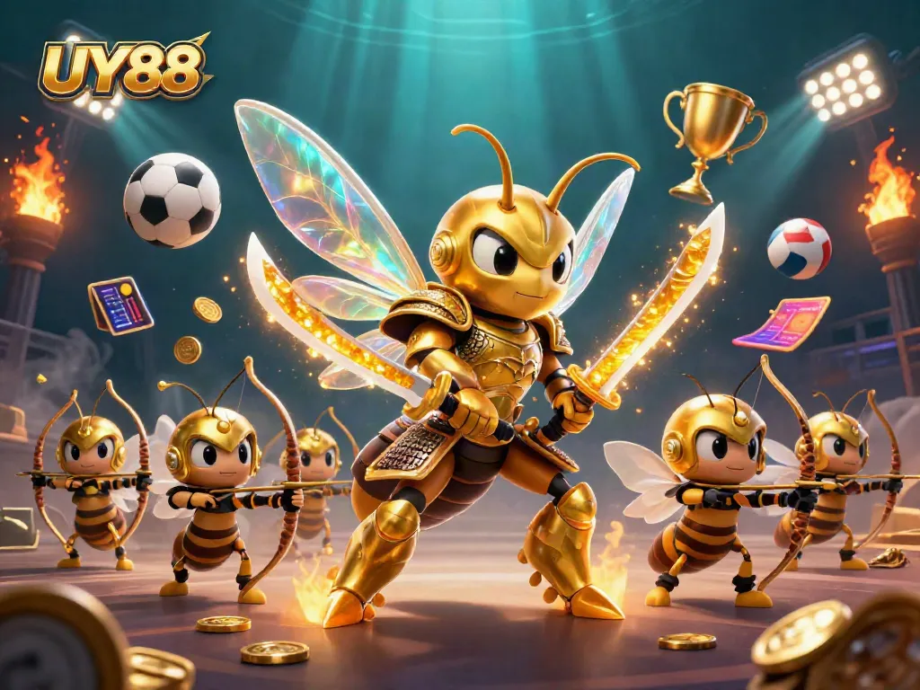 UY88, a golden hornet in samurai armor leads a dynamic team of bee archers in a vibrant gambling scene.