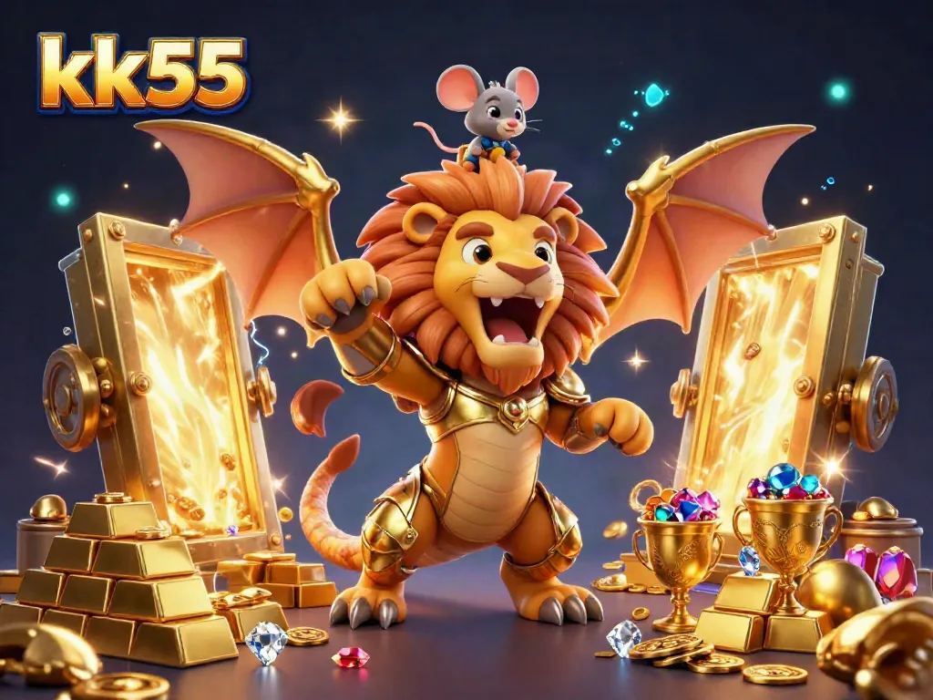 Win big at kk55 with a majestic chimera and treasures illuminating the scene amidst vibrant casino elements.