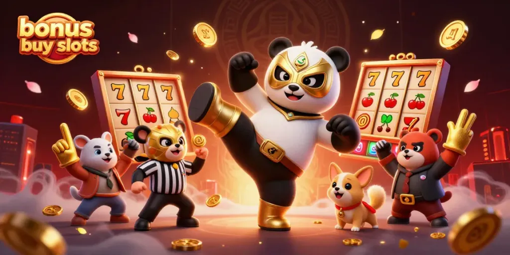 Engage with bonus buy slots as a wrestler panda leaps in a dynamic casino scene filled with excitement.