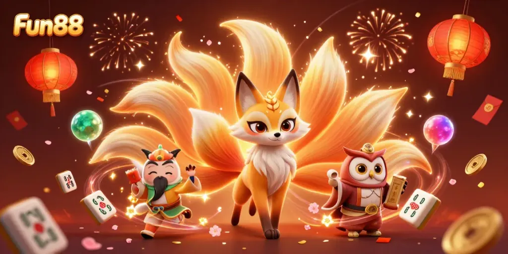 Engage the Fun88 experience with a vibrant 3D illustration featuring a colorful fox spirit and celebratory casino elements.