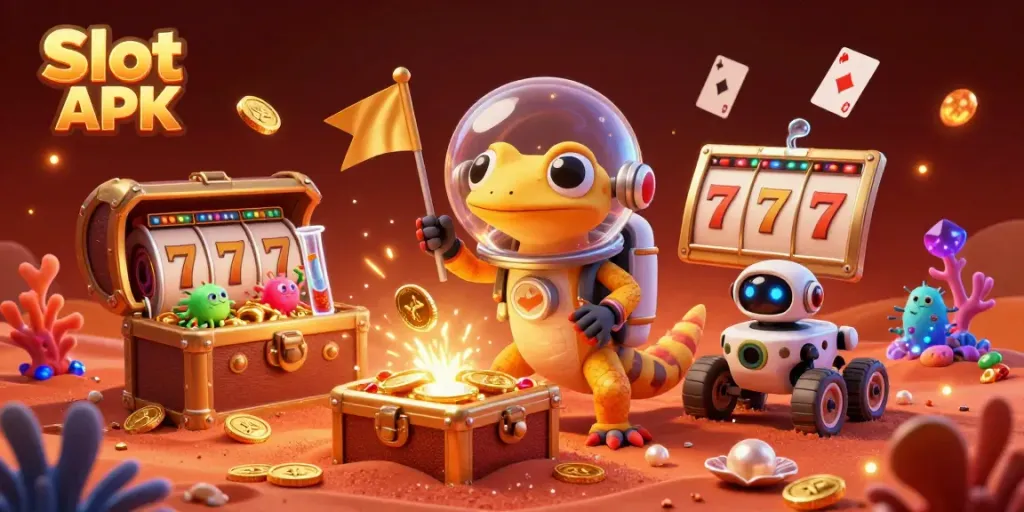 Engage with Slot APK in an exciting 3D illustration of a Martian gecko unveiling a buried casino.