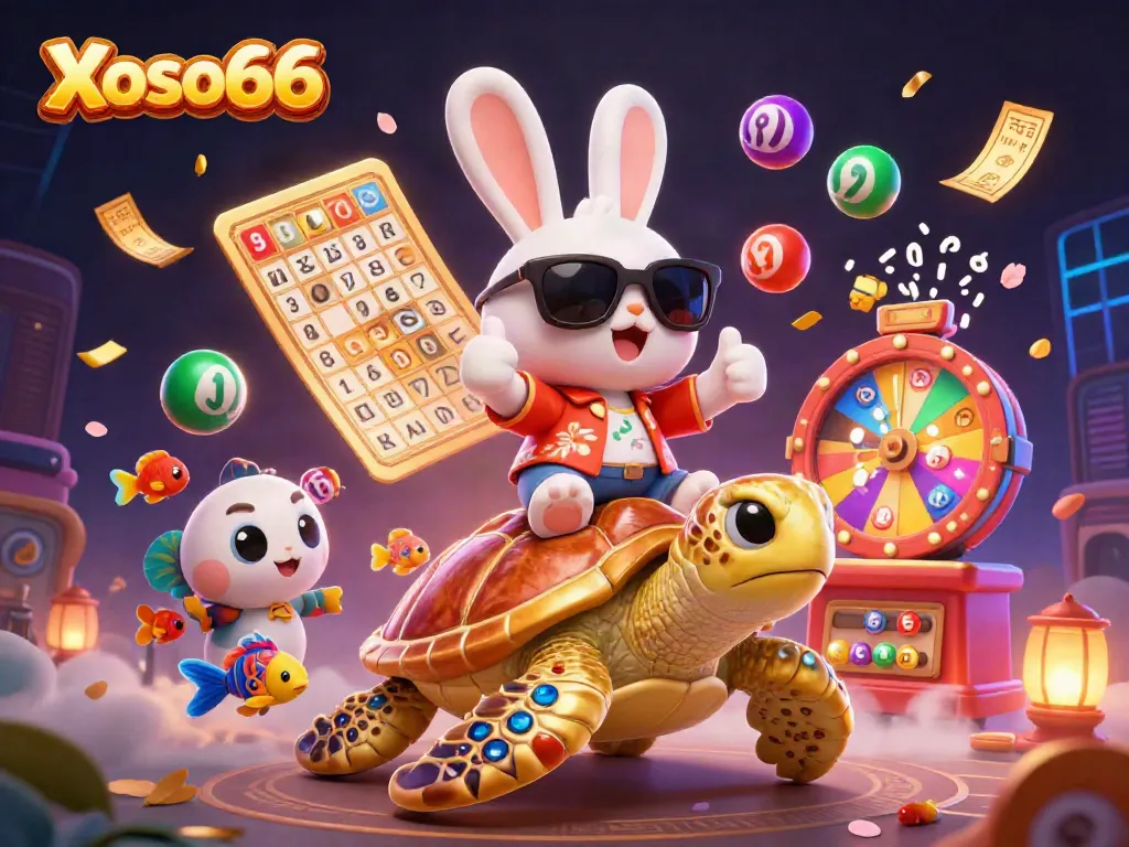 Join the fun with Xoso66 as a lucky rabbit and golden turtle promote exciting lottery games!