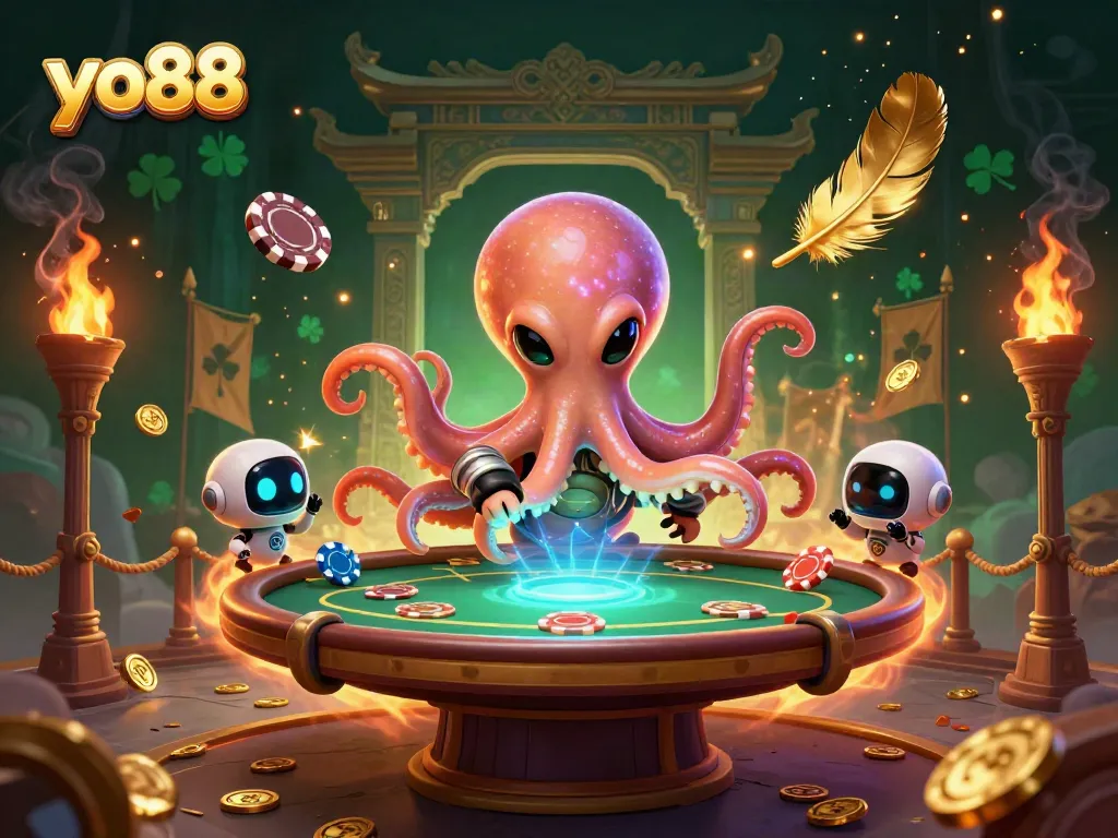 Engage in thrilling gameplay at yo88 with an alien octopus hosting a colorful poker table surrounded by cosmic elements.