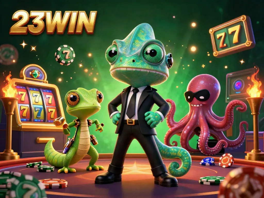 Experience 23WIN like never before with a thrilling casino adventure illustrated with vibrant characters and slot machines.