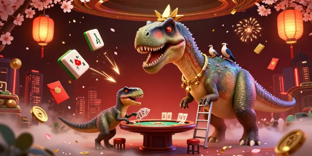 Experience the excitement of u 88 with a colossal brontosaurus in a dynamic casino scene full of cards and winning symbols.