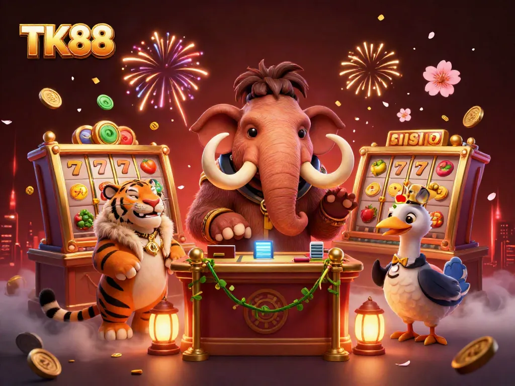 Experience the vibrant excitement of TK88 with a cartoon mammoth bouncer, VIP saber-tooth tiger, and playful elements in a casino setting.