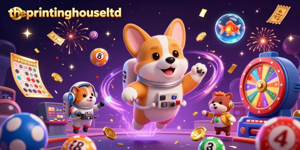 Engage in the thrilling universe of theprintinghouseltd with floating corgi, casino coins, and vibrant lottery elements.