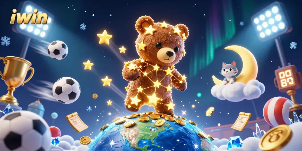 iwin showcases winning moments with a cartoon constellation bear and sports elements in a dynamic gaming scene