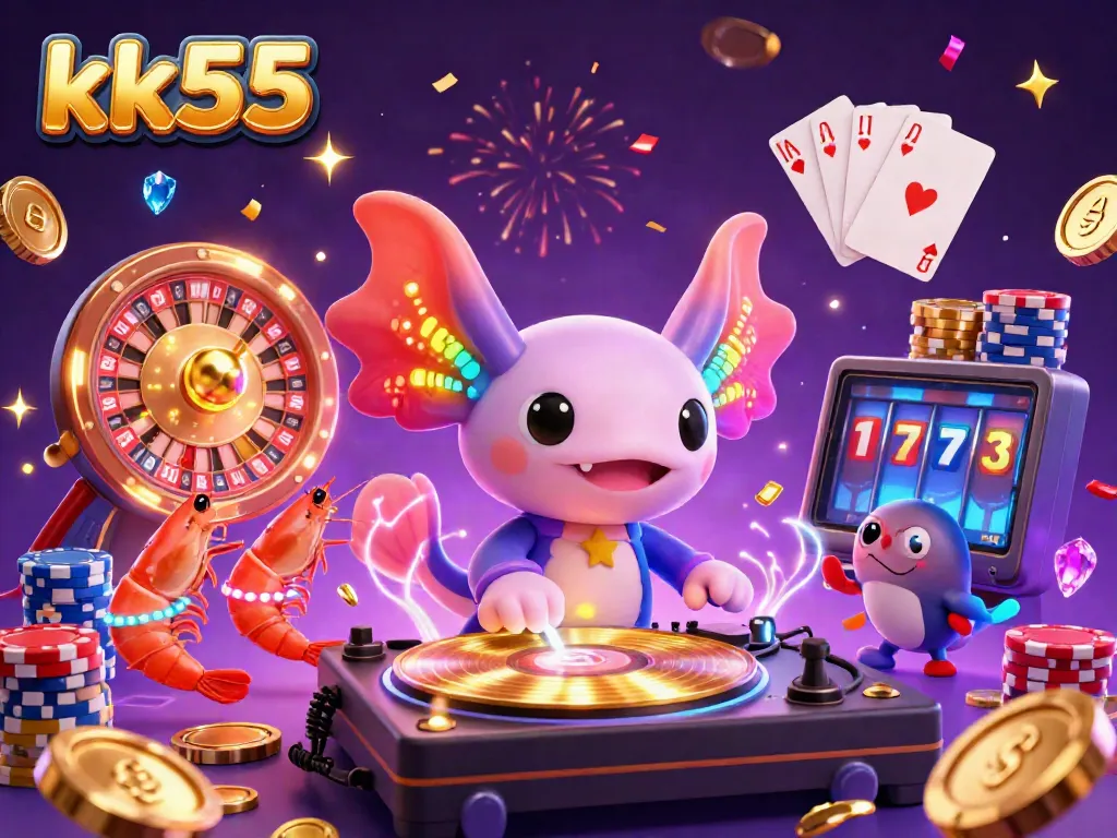 Experience exciting gameplay at kk55 with vibrant underwater casino elements featuring a neon axolotl DJ.