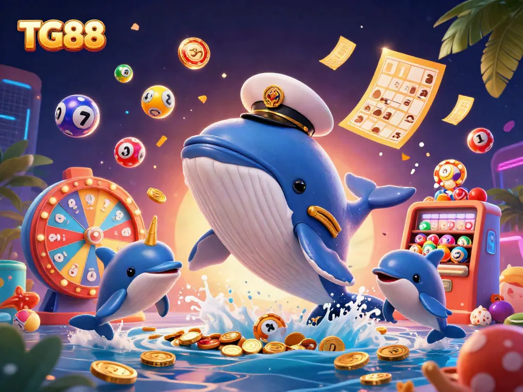 Experience the excitement at TG88 with a vibrant 3D scene of a whimsical whale and playful dolphins in a casino setting.