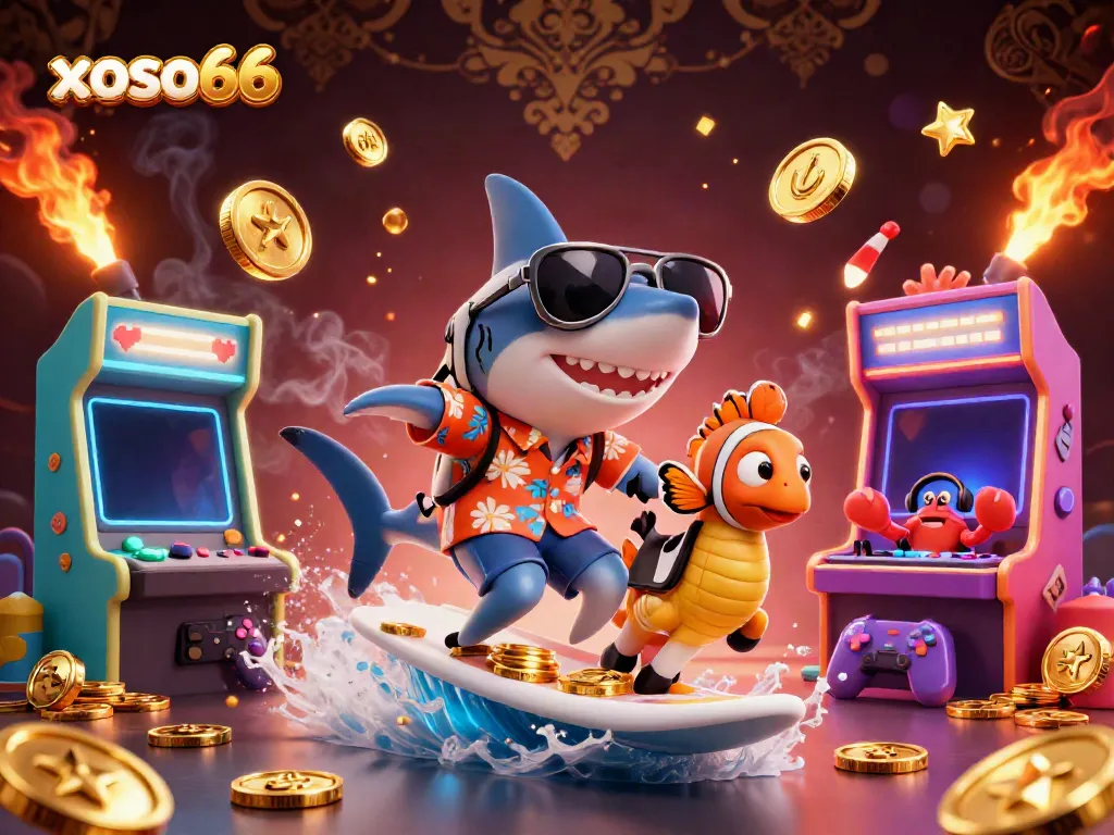 Xoso66 jackpot adventure featuring a hammer-head shark surfing gold coins amidst vibrant casino elements.