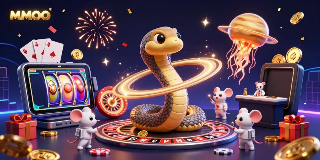 MMOO interactive gaming scene with cosmic characters, playful astronauts, and vibrant casino elements.