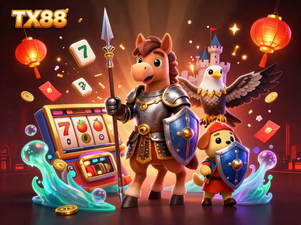 Join the excitement at TX88 with vibrant casino elements and engaging characters.