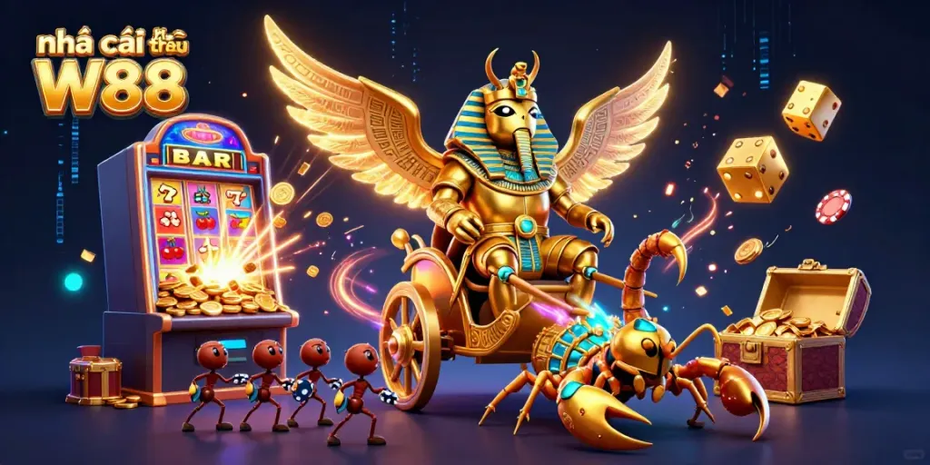 Experience thrilling gameplay at Nhà cái thể thao W88 with vibrant 3D visuals featuring exciting casino elements.