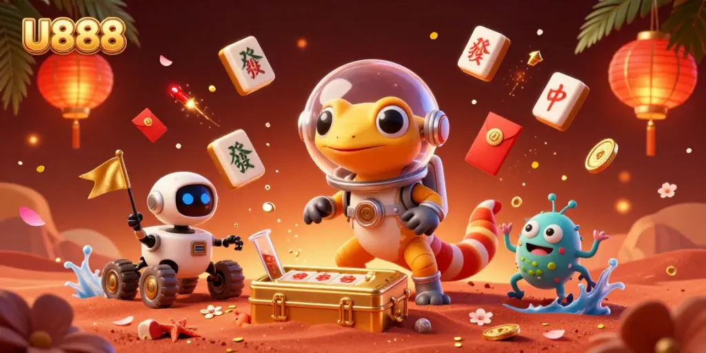 Experience the thrill of U888 with a Martian gecko discovering a golden casino on Mars.
