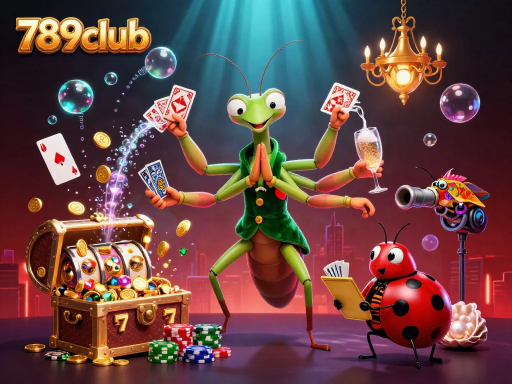 Immerse in the vibrant energy of 789club with a dynamic casino scene featuring a card sharp mantis and a ladybug pit boss.