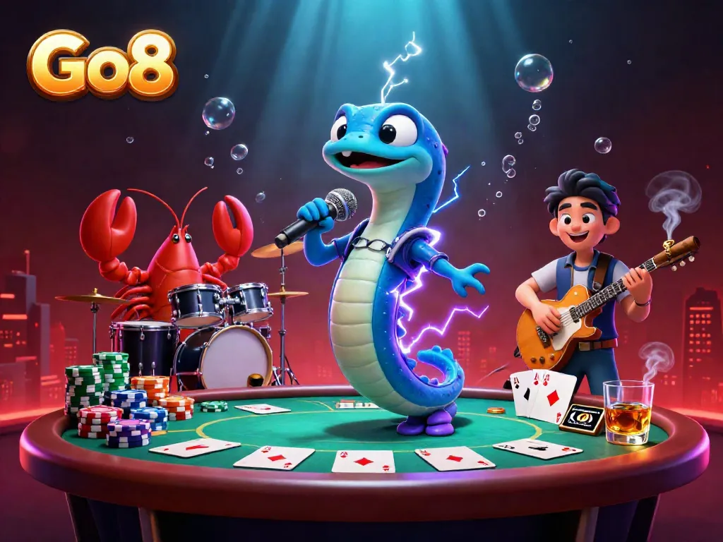 Go8 electric eel DJ and band perform at an underwater casino stage with vibrant poker elements.