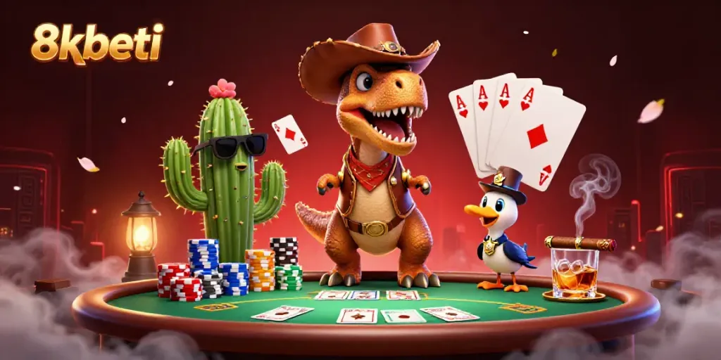 Engage with thrilling casino excitement at 8xbeti, featuring poker-themed cartoon characters and rich visuals.