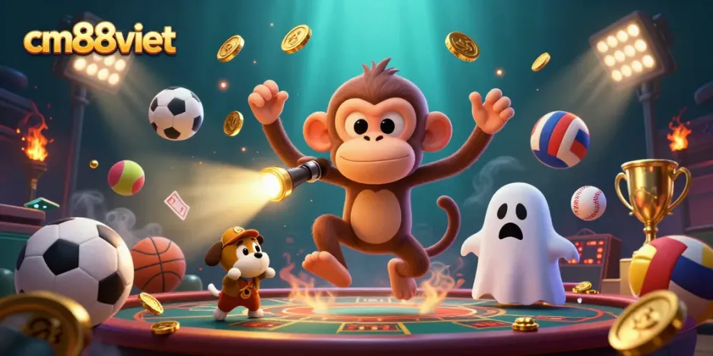 Exciting scene of cm88viet, featuring a playful poltergeist monkey demonstrating his gambling skills in a casino.