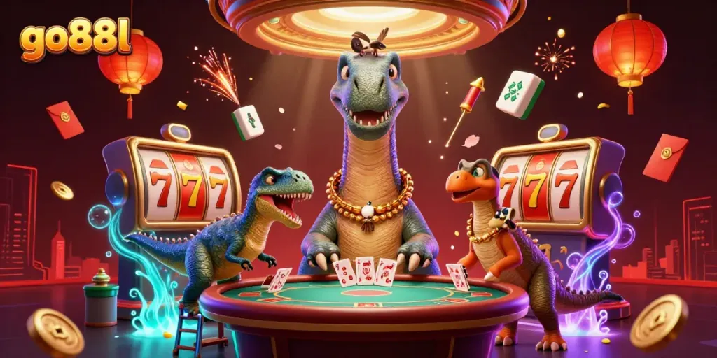 Engage with go88l's dynamic 3D casino scene featuring a quirky brontosaurus at a poker table.