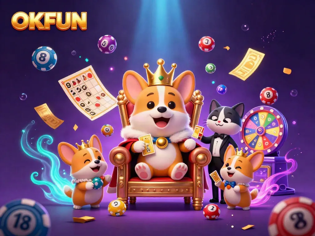 Engage in fun with OKFUN's royal corgi and vibrant gaming elements in a lively casino setting.
