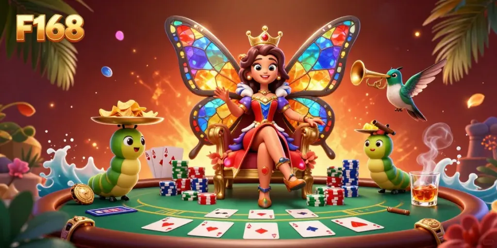 Experience the vibrant energy of F168 with a 3D scene featuring a butterfly queen and poker elements, ideal for players.